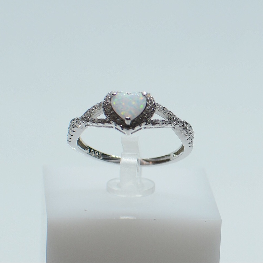 .925 Sterling Silver White Opal CZ Heart Ring - Picture 5 of 6